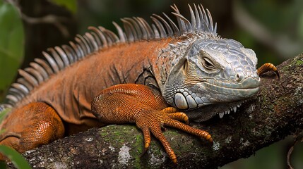 Green Iguana Resting Lazily Tree Limb Under Tropical Sun Scale Covered Body and Calm Expression Natural Wildlife Captured In Vivid Nature Setting