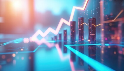 Futuristic 3D graph shows upward trend with digital bars and neon lines. Data analysis and business growth represented by glowing chart elements.