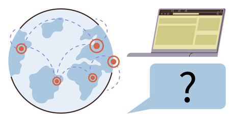 Fototapeta premium Globe with location markers and dotted paths, laptop with web interface, speech bubble with question mark. Ideal for global connectivity, communication, technology, collaboration, networking, online