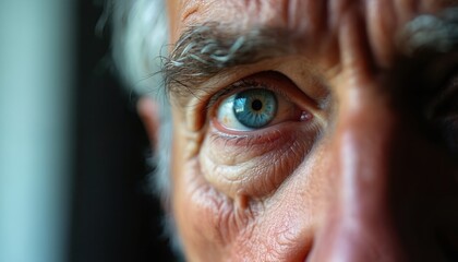 Close up macro view of old mans blue eye showing deep wrinkles and grey eyebrow hair. Mature human face reflects life experience. Insightful gaze, wisdom, contemplation.
