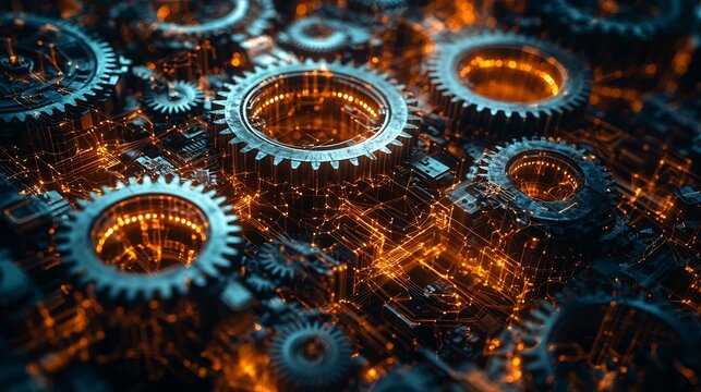 High Angle View of Complex Gear Network Representing Industrial Technology Teamwork and Collaboration Process - Powered by Adobe