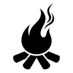 A black and white silhouette of a burning campfire with smoke, symbolizing warmth, comfort and companionship on a white isolated background. Vector graphics. EPS.