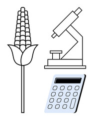 Corn stalk combines with a microscope and calculator, representing agriculture, technology, and research. Ideal for farming innovation, sustainability, biotech, education, data analysis economics