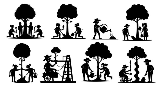 Arbor Day Silhouette Collection People Planting Tree Ecology Garden Environment Conservation Volunteer Community Sustainability Seedling Growth Nature Forest Earth Ecosystem
