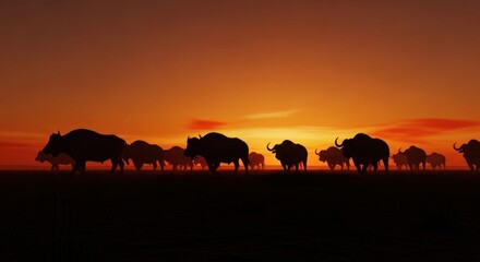 Silhouetted herd of buffalo traversing a field at sunset, bathed in orange and red hues