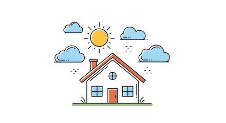 Simple cartoon illustration of a house with a sun, clouds and green grass, on white background