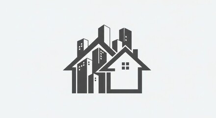 Simple grayscale illustration merging house and city skyscrapers, representing urban dwelling