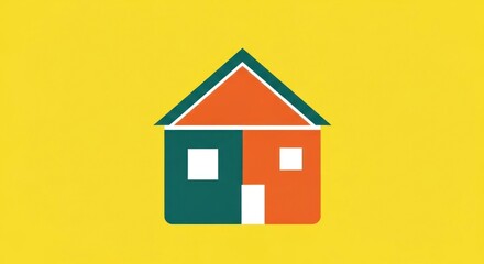 Simplified house icon split vertically, with teal & orange halves, on a yellow background