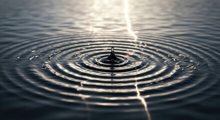 Single droplet creates concentric ripples in calm, dark water with sun-like reflection