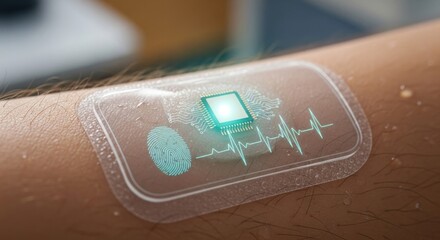 Skin patch with microchip, heart rate, and fingerprint graphic on arm