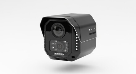 Sleek black security camera with protective hood on a bright, plain background