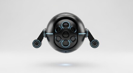 Sleek, black, spherical surveillance drone with multiple lenses hovers in bright space