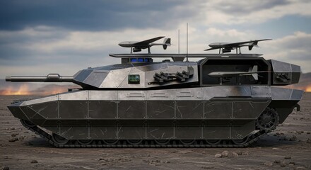 Sleek, dark tank with drones on top in a desert setting under cloudy skies