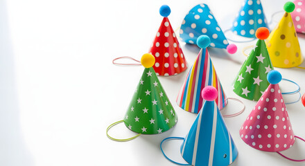 Colorful party hats arranged on a table for New Year’s Eve celebration  