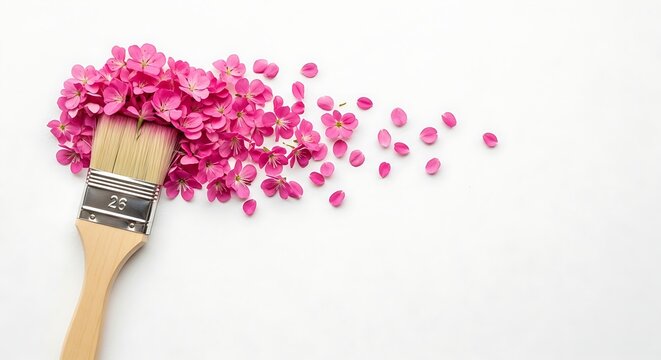 Artistic floral concept featuring paintbrush with vibrant pink flower petals on a white background