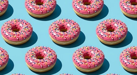Colorful Donuts with Pink Frosting and Sprinkles on a Bright Blue Background Sweet Treat Delight