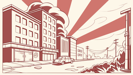 Retro urban street scene illustration with classic car, buildings, and dramatic sun rays