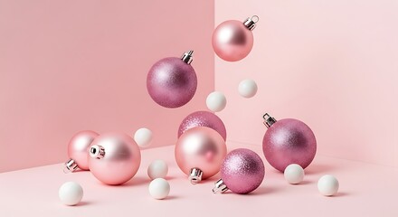 Elegant Christmas Ornaments in Shades of Pink and White on a Pink Background