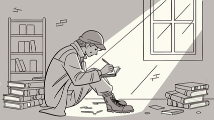 Focused individual in helmet writing in notebook among scattered books and debris in a damaged room, lit by window light