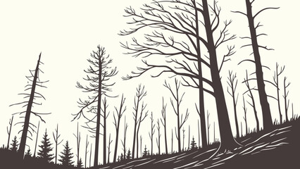 Barren Forest Landscape Illustration with Silhouetted Leafless Trees on a Hillside. Woodcut Style Vector Art.