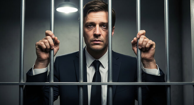 Businessman behind prison bars facing white collar crime