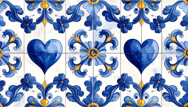 Hand painted blue heart and floral tile pattern creates a vibrant, romantic backdrop, perfect for Mediterranean or Italian design projects and Valentine's themes