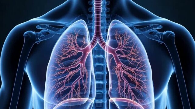 3D animation showing the human lungs breathing and air exchange process.