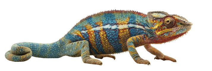 A vibrant chameleon displaying its colorful skin, perched on a surface with a blurred natural background, symbolizing adaptability and the beauty of wildlife