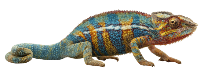 A vibrant chameleon displaying its colorful skin, perched on a surface with a blurred natural background, symbolizing adaptability and the beauty of wildlife