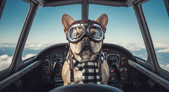 Funny French Bulldog Pilot Flying Airplane in the Sky - Powered by Adobe