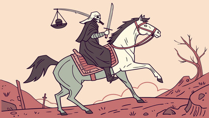 Skeletal Rider of Justice on Horseback with Sword and Scales in Barren Landscape Illustration