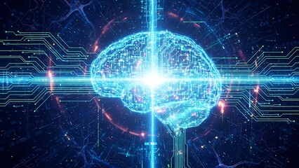 Digital Brain Illustration with Neural Network Connections in Blue and Neon Colors