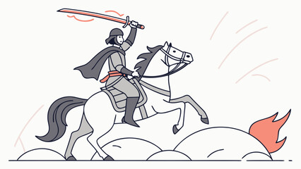 Obraz premium Valiant warrior on rearing horse with raised sword, charging into battle. Minimalist illustration.