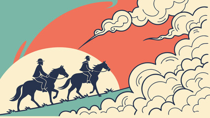 Vintage style illustration of two riders on horseback ascending a hill against a dramatic sunset sky