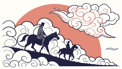 Nomadic Horse Riders Journeying Uphill Against Stylized Clouds and Sun in Traditional Asian Art Style Illustration