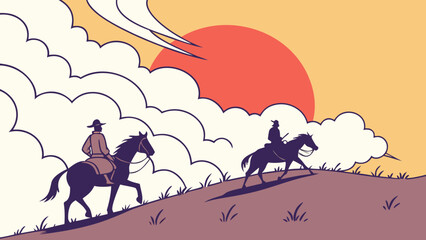Western Riders on Horseback at Sunset: Uphill Journey Illustration