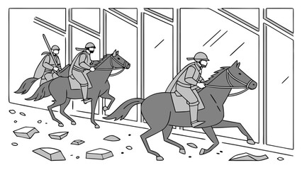 Three horsemen in historical attire ride through an urban street littered with debris, depicting chaos or a chase.