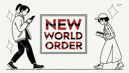 New World Order concept with individuals engrossed in phone and book, representing information and societal shifts.