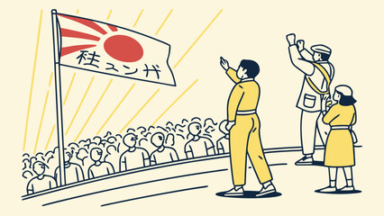 Illustration of a historical or nationalistic rally with a crowd, leaders, and a flag featuring a red sun and radiating lines.