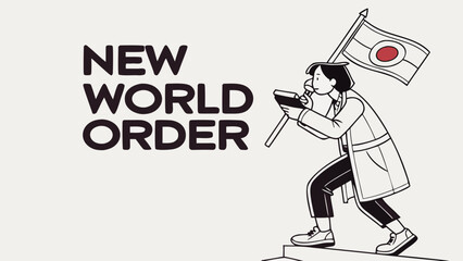 New World Order Concept: Person with Flag and Tablet Ascending Steps, Global Future Vision
