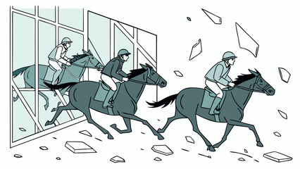 Dynamic illustration: Racehorses and jockeys burst through a glass wall, shattering barriers and creating disruption.