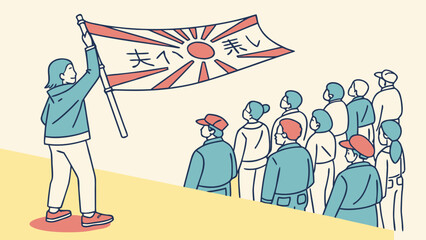 Person holding a Japanese rising sun style flag with text, addressing an attentive crowd. Minimalist line art illustration.