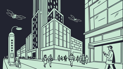 Futuristic Urban Night Scene with Drones and Pedestrians, Modern City Life Illustration