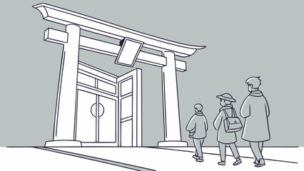 Family approaching traditional Japanese Torii gate and shrine. Cultural travel illustration.
