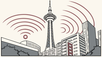 Urban Communication Tower Transmitting Wireless Signals in Cityscape Illustration