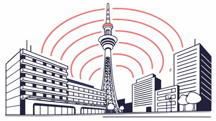 Urban Communication Network: Tower Broadcasting Signals Across City Buildings