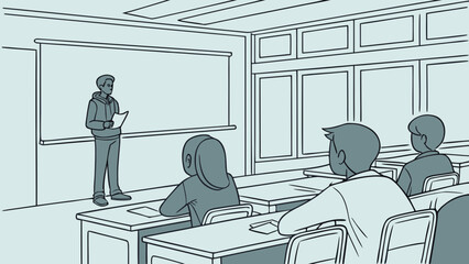 Classroom presentation with student speaking to classmates, education concept illustration
