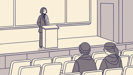 Speaker at podium in lecture hall, presenting to an audience. Educational or business conference illustration.