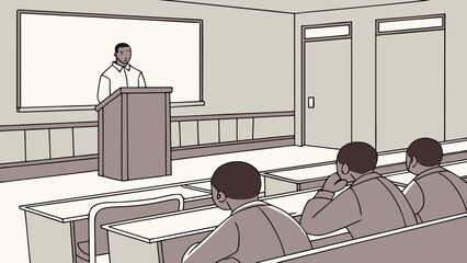 Teacher presenting to students in a classroom setting, illustrating education and learning concepts