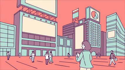 Vibrant City Street Illustration with Blank Digital Billboards and Pedestrians